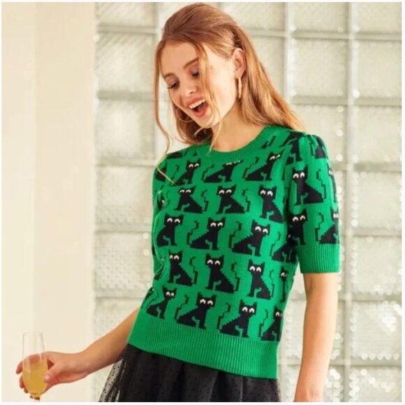 ModCloth Sweater Womens 3X Green Short Sleeve Cat Knit Graphic Pullover Crewneck - Picture 1 of 4